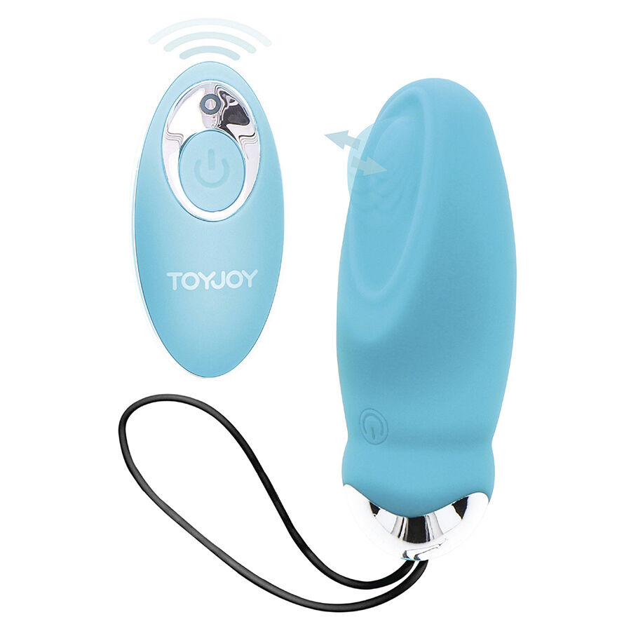 Vibrador TOYJOY azul con mando remoto y correa de mano.