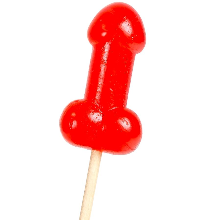 Piruleta roja con forma de pene de Secretplay Cosmetic, vista frontal.