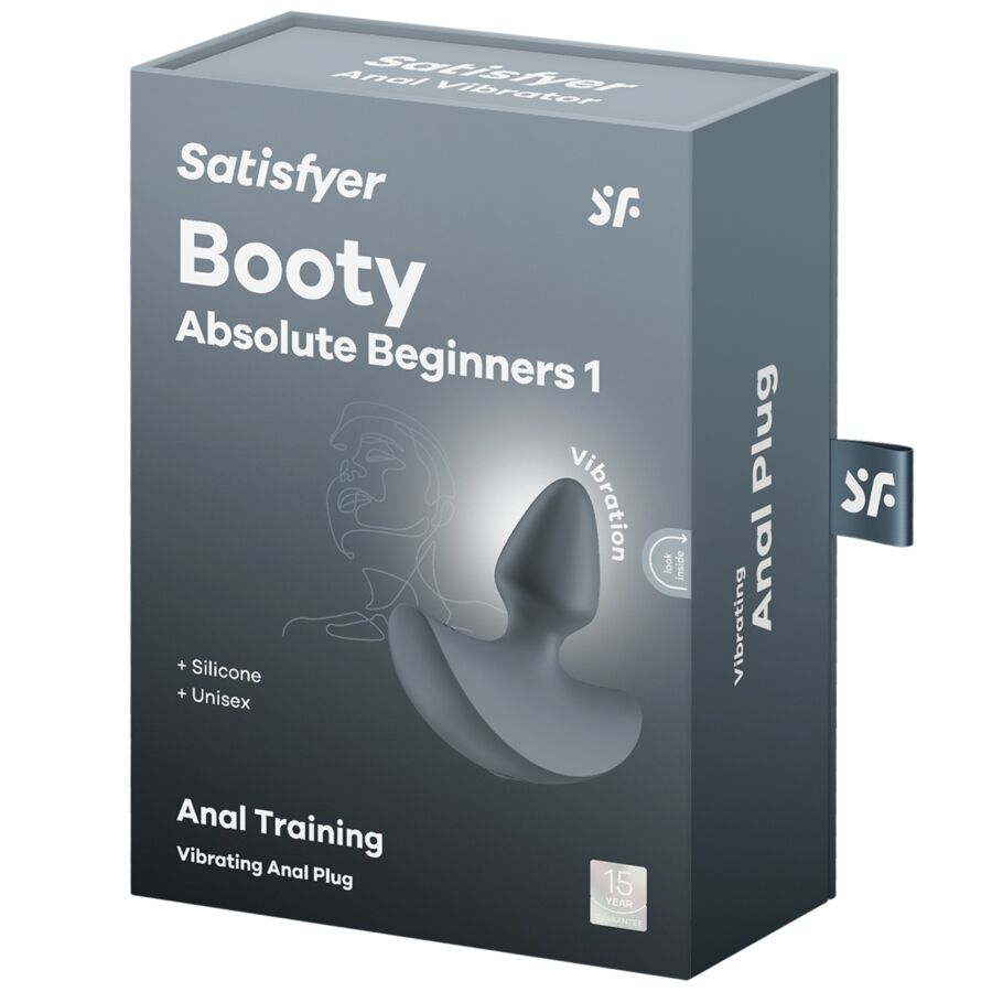 Caja del producto Satisfyer Booty Absolute Beginners 1 con diseño gris y pestaña lateral.
