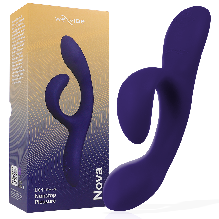 We-Vibe Nova 3 en color azul medianoche junto a su caja del producto.