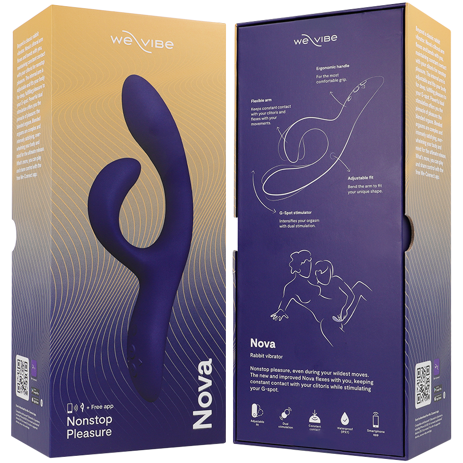 Caja del We-Vibe Nova 3 Rabbit Vibrator en morado y dorado, con vista frontal y trasera.