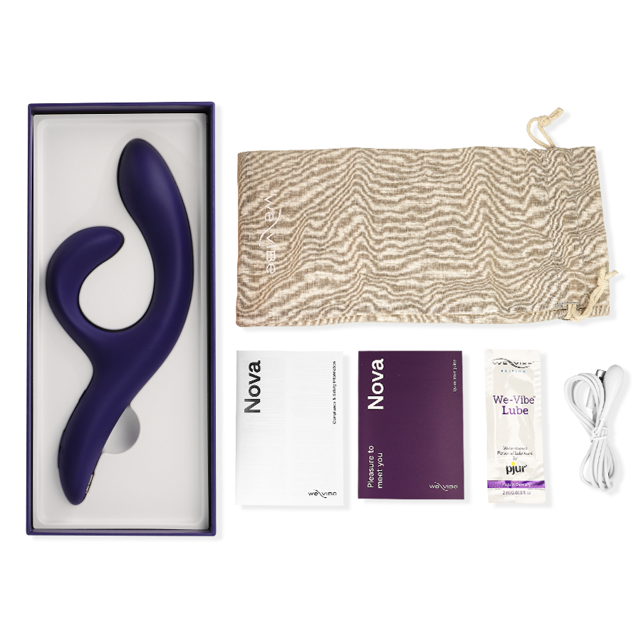 We-Vibe Nova 3 en azul medianoche con estuche, manuales y cable de carga.