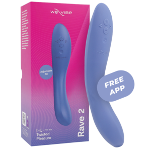 We-Vibe Rave 2 en azul junto a su caja rosa y morada, con botones visibles.