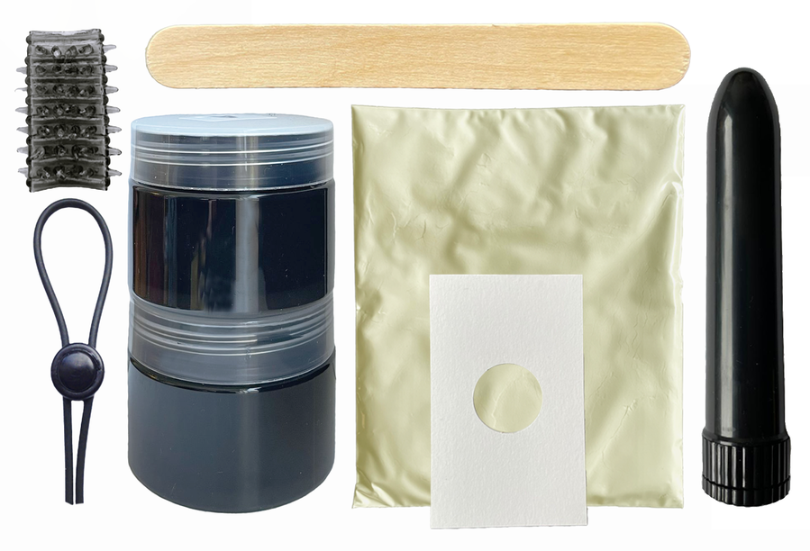 Kit Cloneboy negro con cilindro, funda, bolsa dorada y espátula de madera.