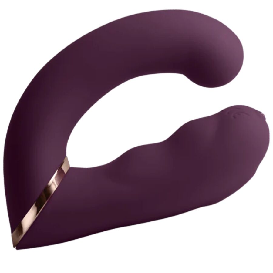 Rocks-Off Gemini vibrador dual morado con diseño curvo.