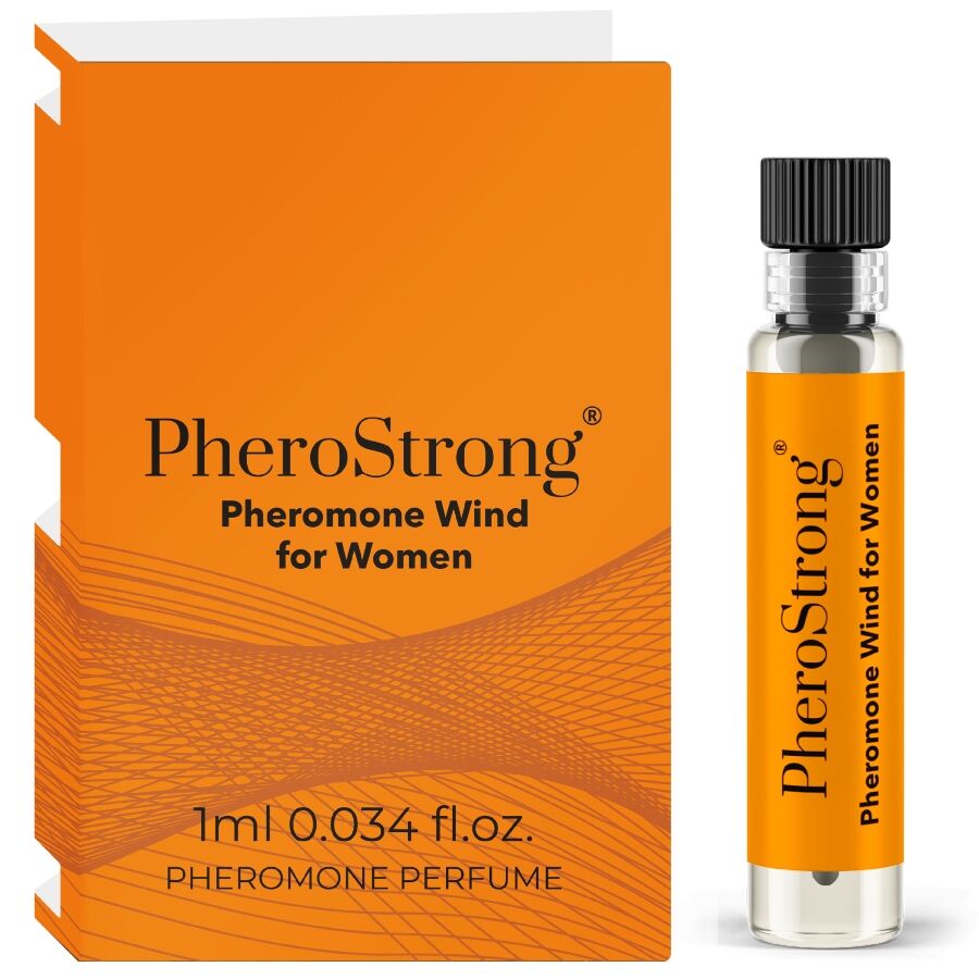 PheroStrong Wind, perfume con feromonas para mujer, con caja naranja y frasco de 1 ml.