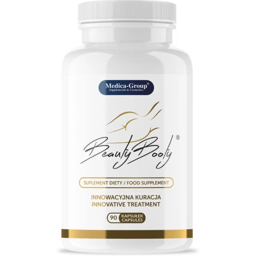 BeautyBooty de Medica Group, bote blanco de 90 cápsulas, vista frontal.