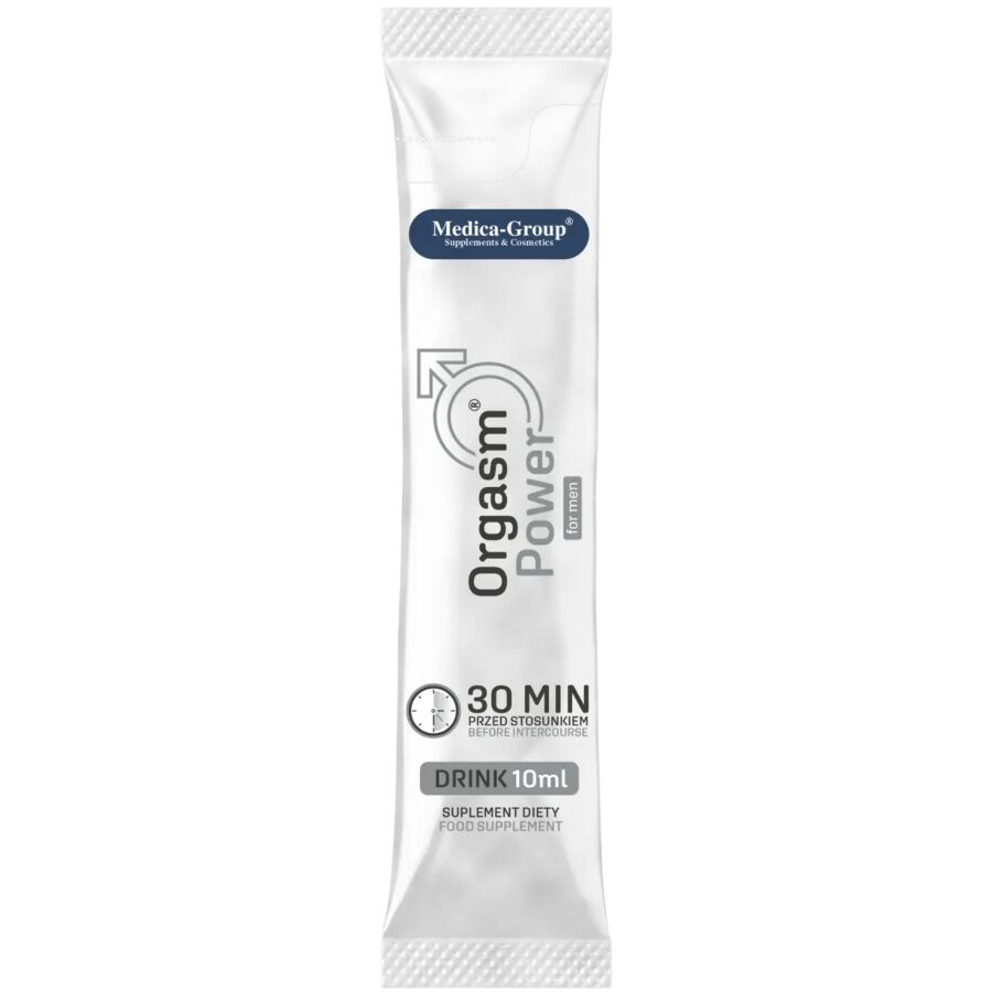 Sobre monodosis Medica-Group Orgasm Power for men de 10 ml, vista frontal.