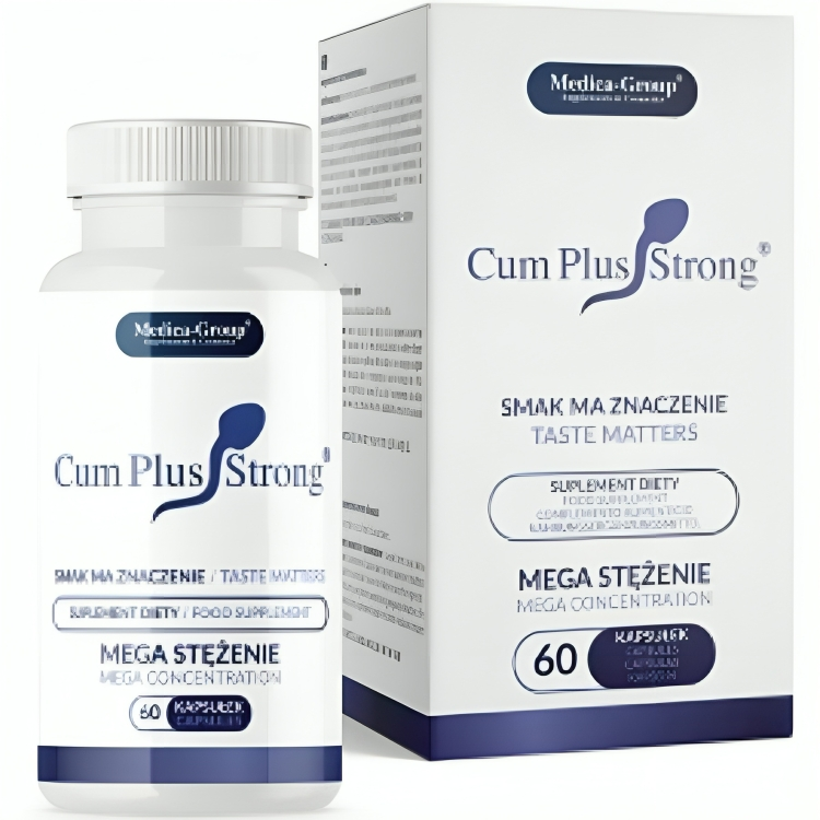 Medica Group Cum Plus Strong, bote blanco con la caja del producto.