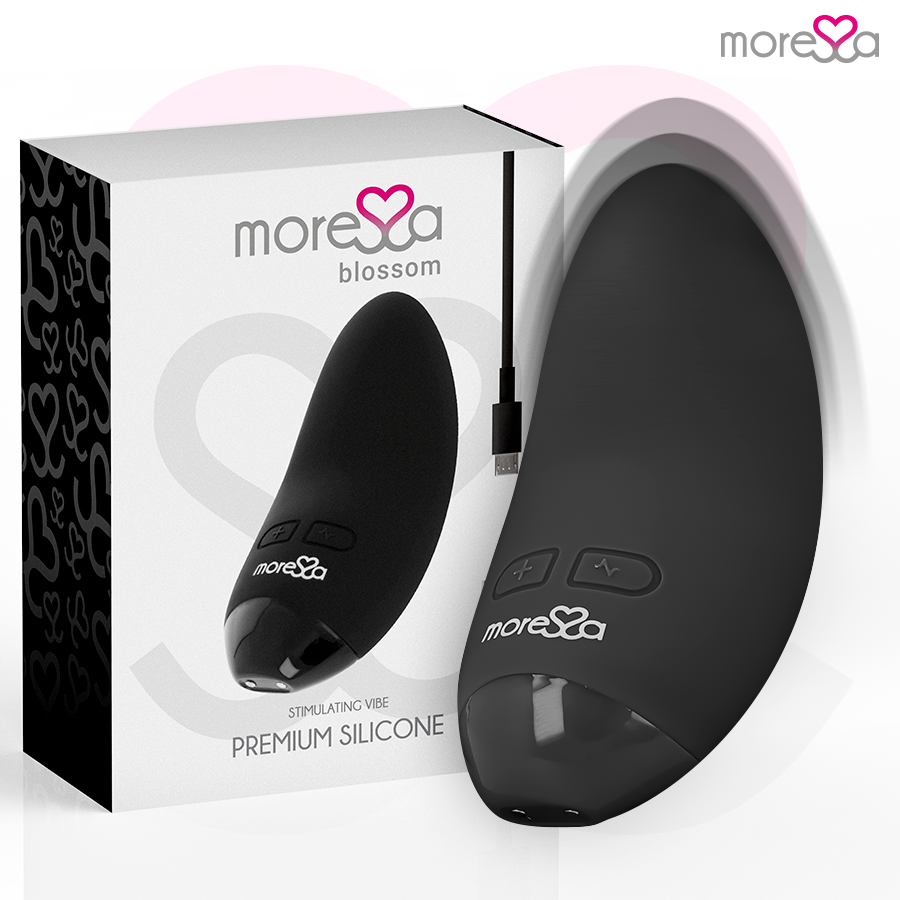 MORESSA Blossom mini vibrador negro junto a su caja del producto.