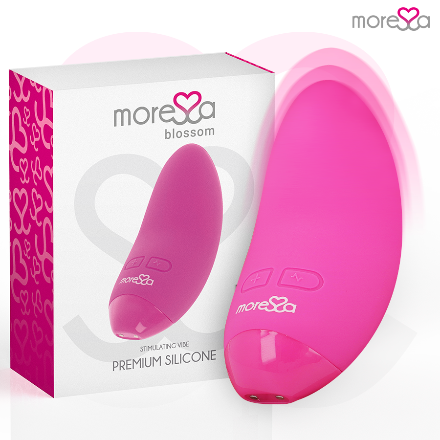 Masajador personal MORESSA Blossom rosa junto a su caja del producto.