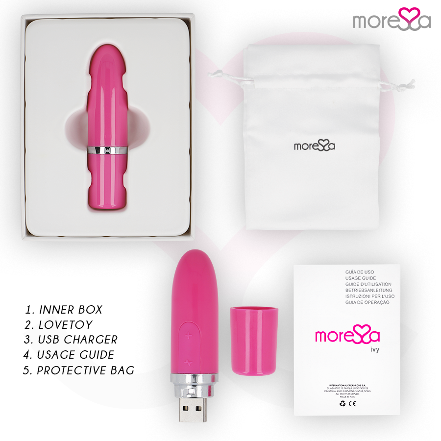 MORESSA Ivy en detalle con el mini vibrador rosa, conector USB, bolsa y guía de uso.