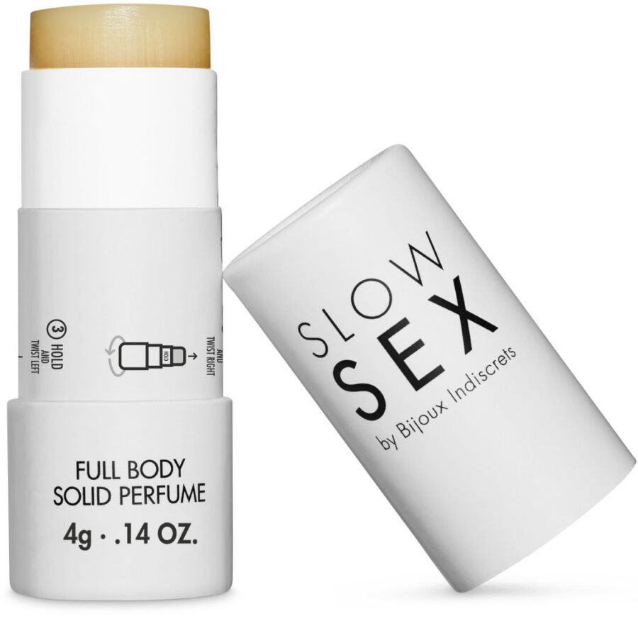 BIJOUX SLOW SEX perfume sólido corporal en dos vistas, con el tapón aparte.