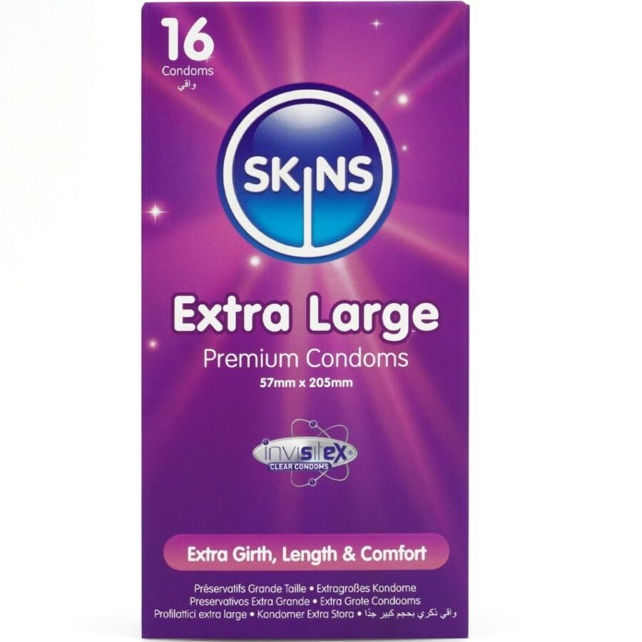 Caja frontal de SKINS Extra Large Premium Condoms, pack de 16, en color morado.