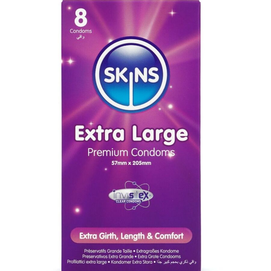 Caja del producto SKINS Extra Large Premium Condoms de 8 unidades, en color morado.