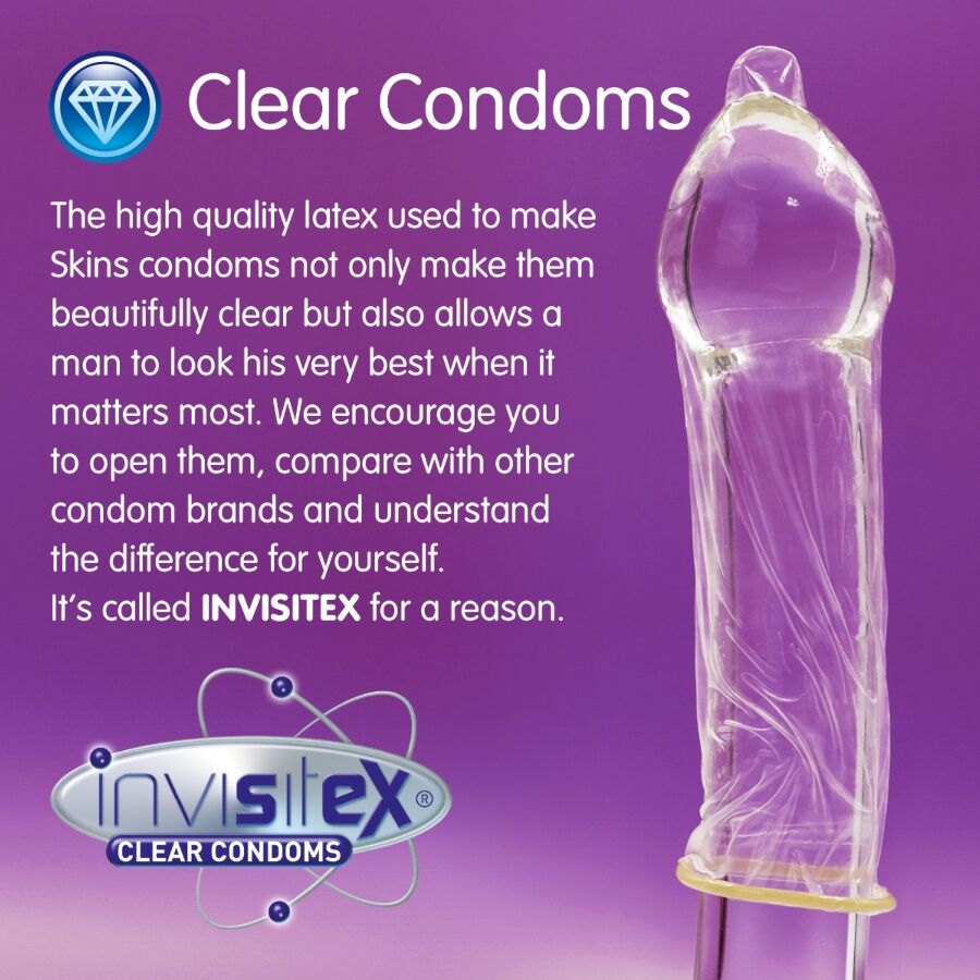 Caja promocional de Skins InvisiTex con preservativo transparente visible sobre fondo morado.