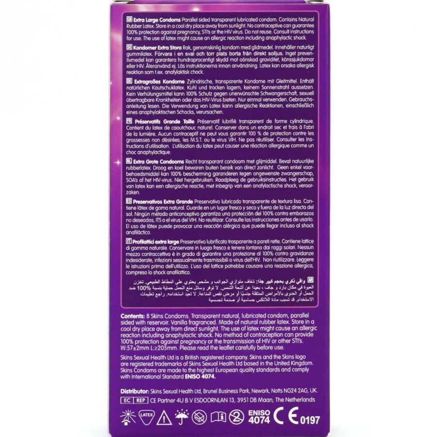 Caja trasera de SKINS XL Premium con texto multilingüe y fondo morado