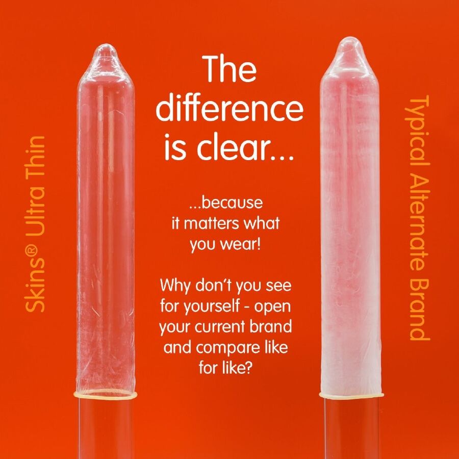 Comparativa de SKINS Ultra Thin Premium con dos preservativos en display y fondo naranja.