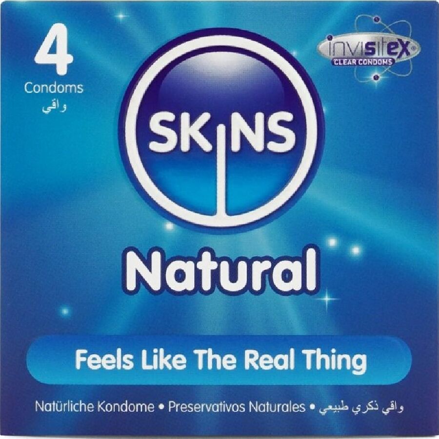 Caja frontal de SKINS Natural con 4 preservativos, en azul.