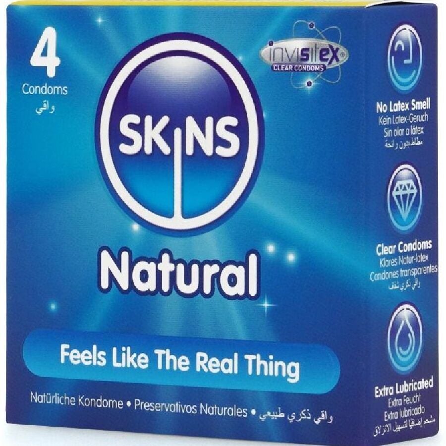 Caja del producto SKINS Natural, pack de 4 preservativos, en azul.