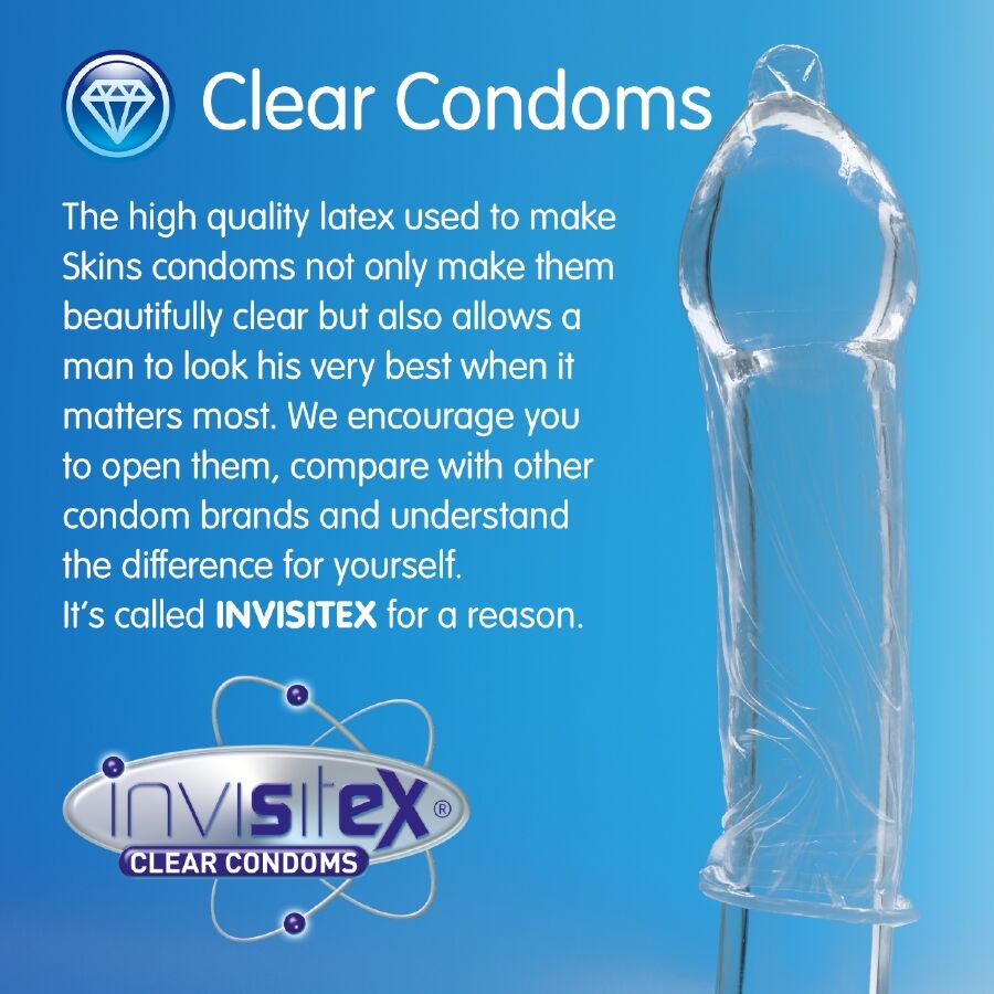 Caja del producto Skins InvisiTex Clear Condoms en azul con ilustración de preservativo transparente.