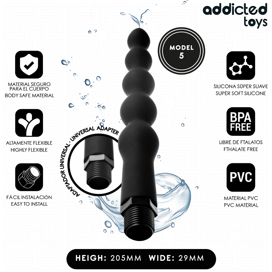 Guía de medidas del limpiador anal Addicted Toys Modelo 5 con adaptador universal.