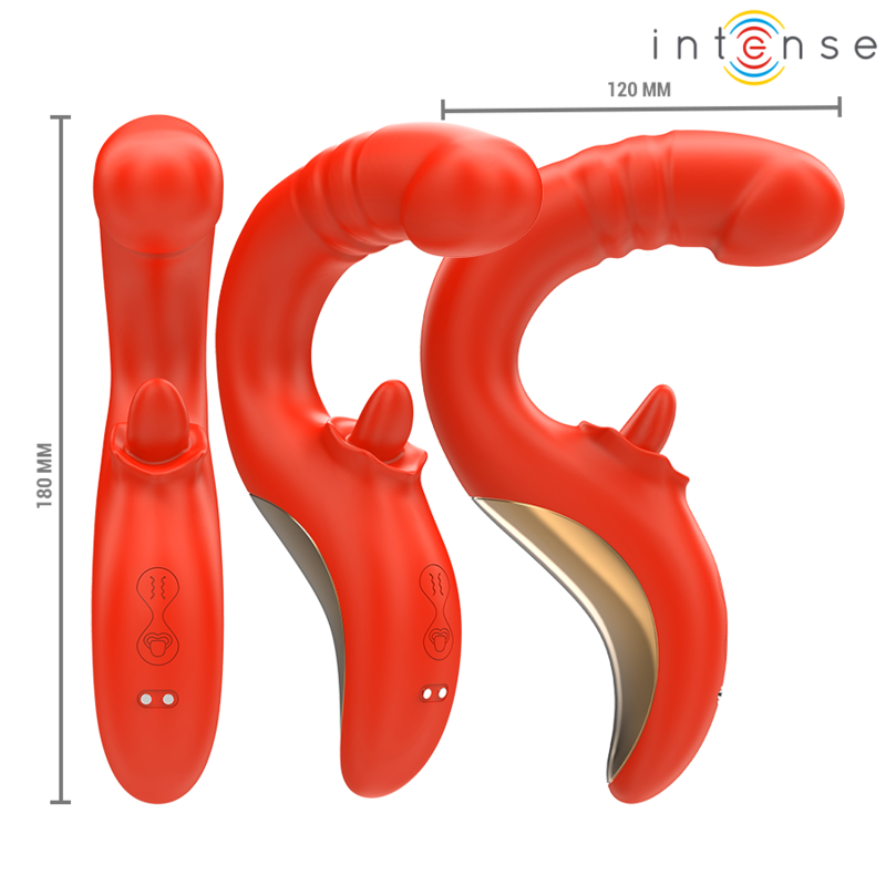 Guía de medidas del vibrador en U Intense High Tech Paulina rojo, con tres vistas y dimensiones visibles.