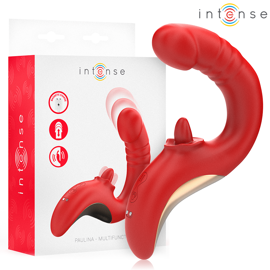 Vibrador en U Paulina de Intense High Tech en rojo, con la caja del producto detrás.