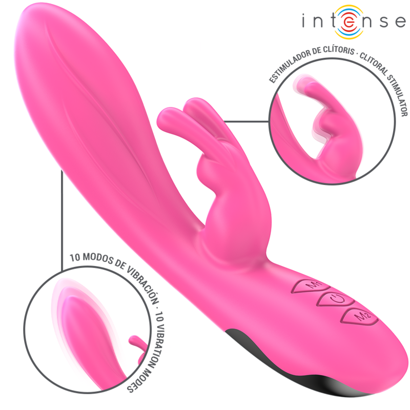 Vibrador rabbit rosa INTENSE Randall con tres botones de control y detalle del estimulador clitorial.