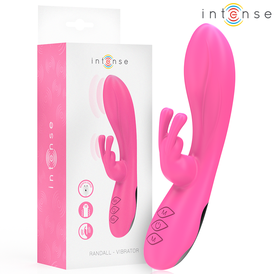 Vibrador rabbit rosa INTENSE Randall con la caja del producto.