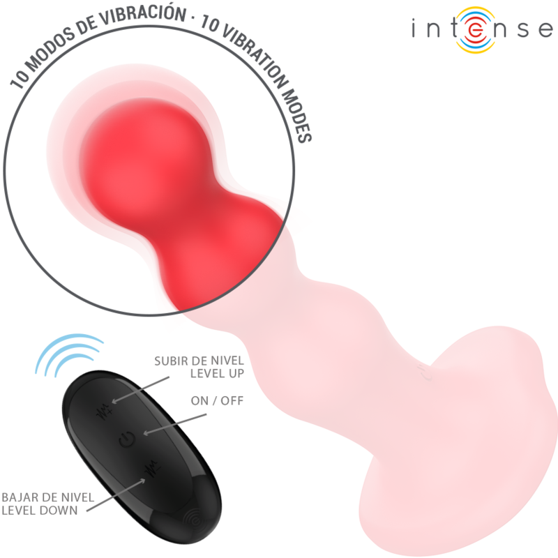 Detalle del vibrador INTENSE CODY rojo con mando a distancia y ventosa.