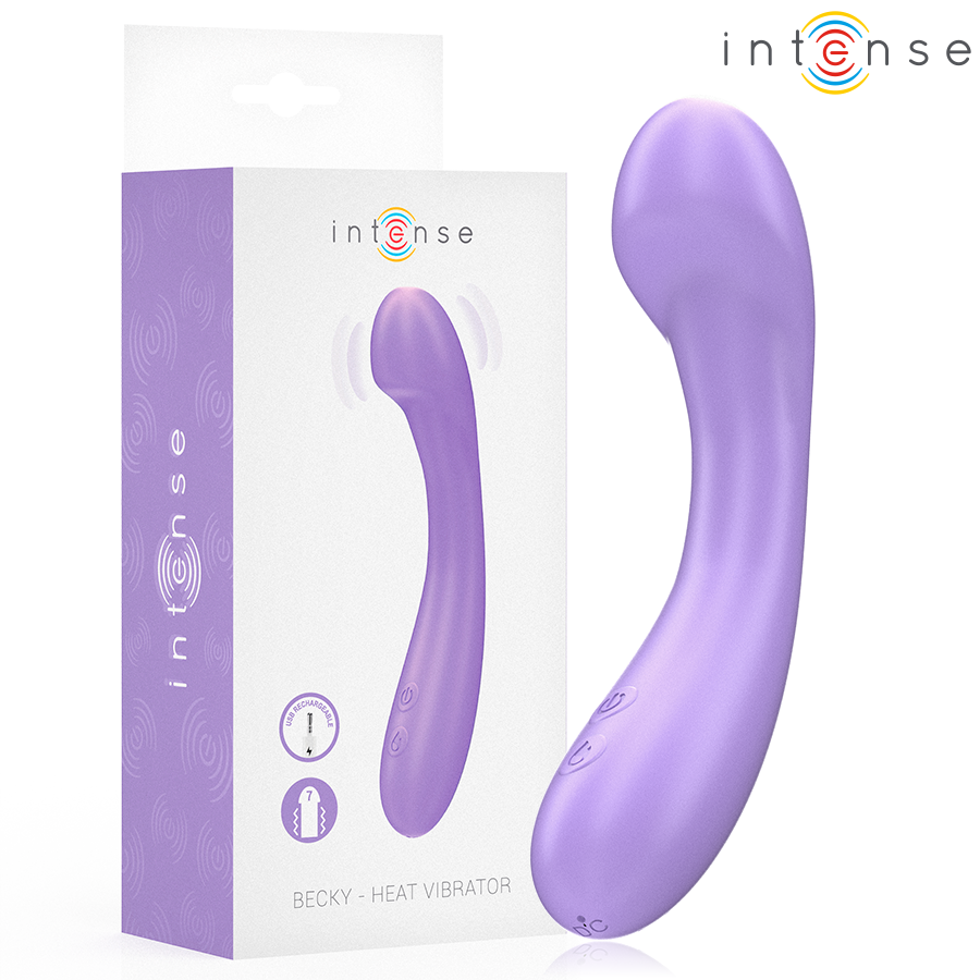 Vibrador Becky de Intense en color morado, con la caja del producto al lado.