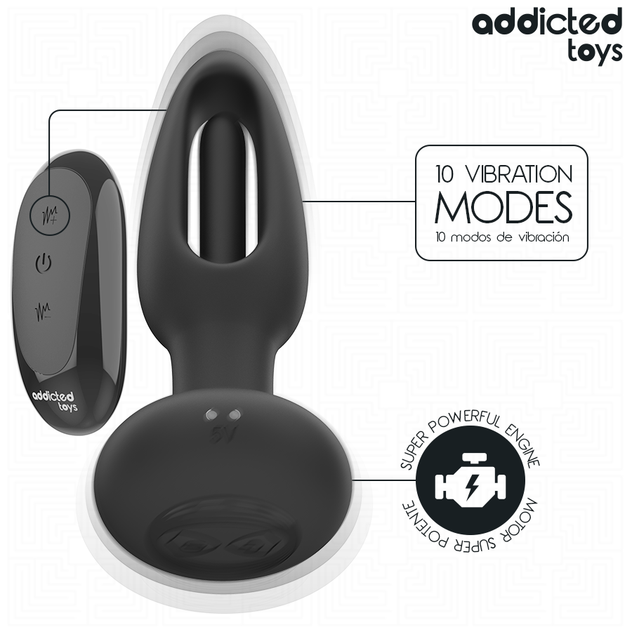 Detalle del plug anal Addicted Toys negro con mando inalámbrico y 10 modos de vibración.