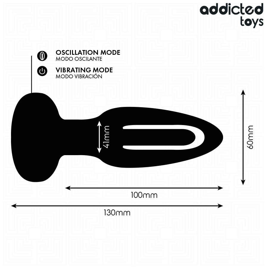Guía de medidas del plug anal vibratorio Addicted Toys, con modos oscilante y vibración y dimensiones marcadas en milímetros.