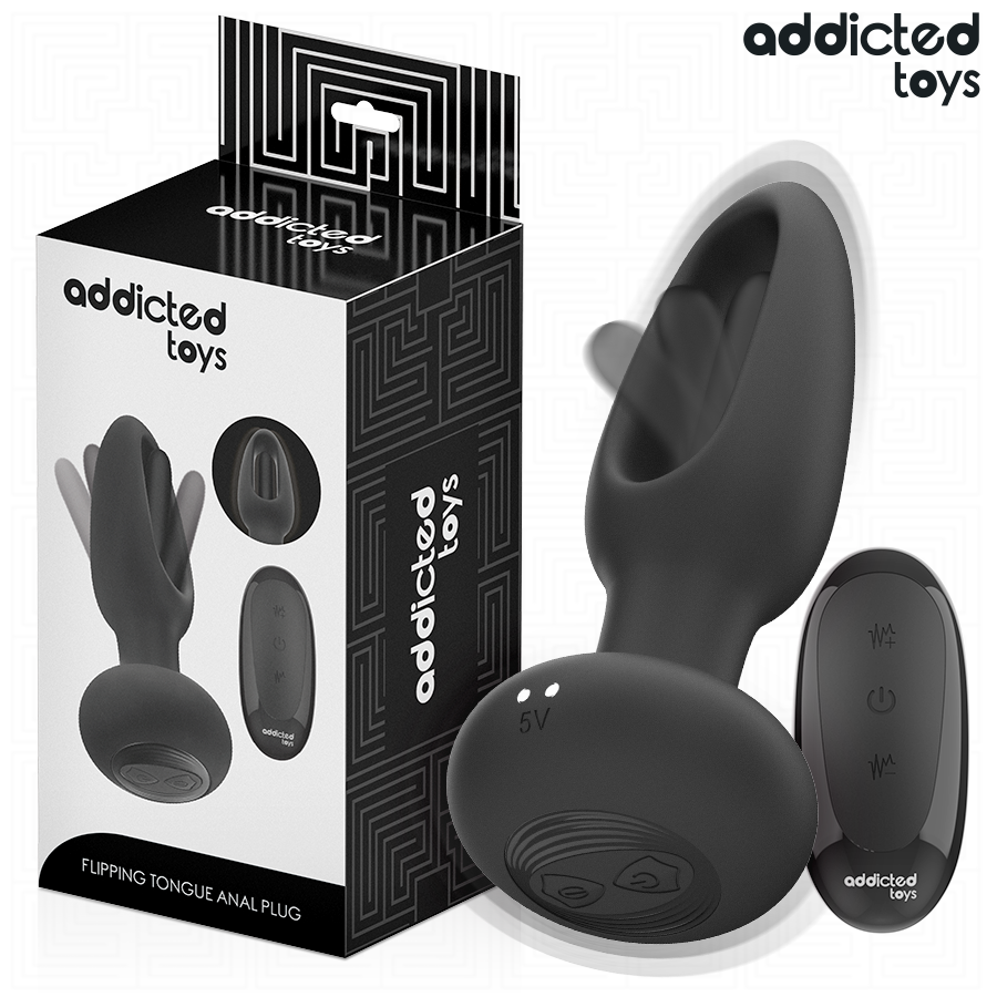 Plug anal negro de Addicted Toys con mando inalámbrico y caja del producto.
