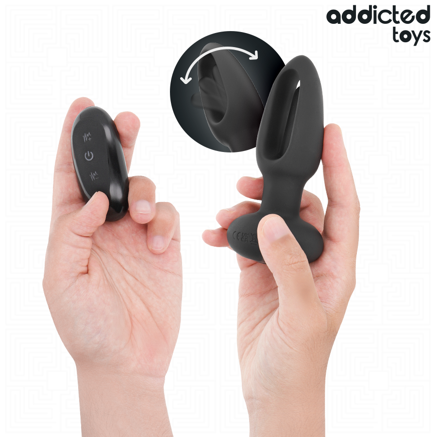 Detalle del plug anal negro de ADDICTED TOYS con mando inalámbrico.