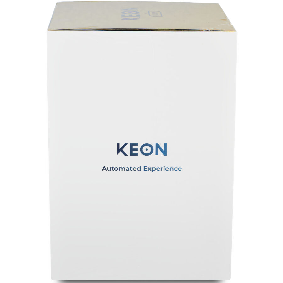 Caja del producto Kiiroo KEON en blanco, vista frontal con la tapa superior algo abierta.