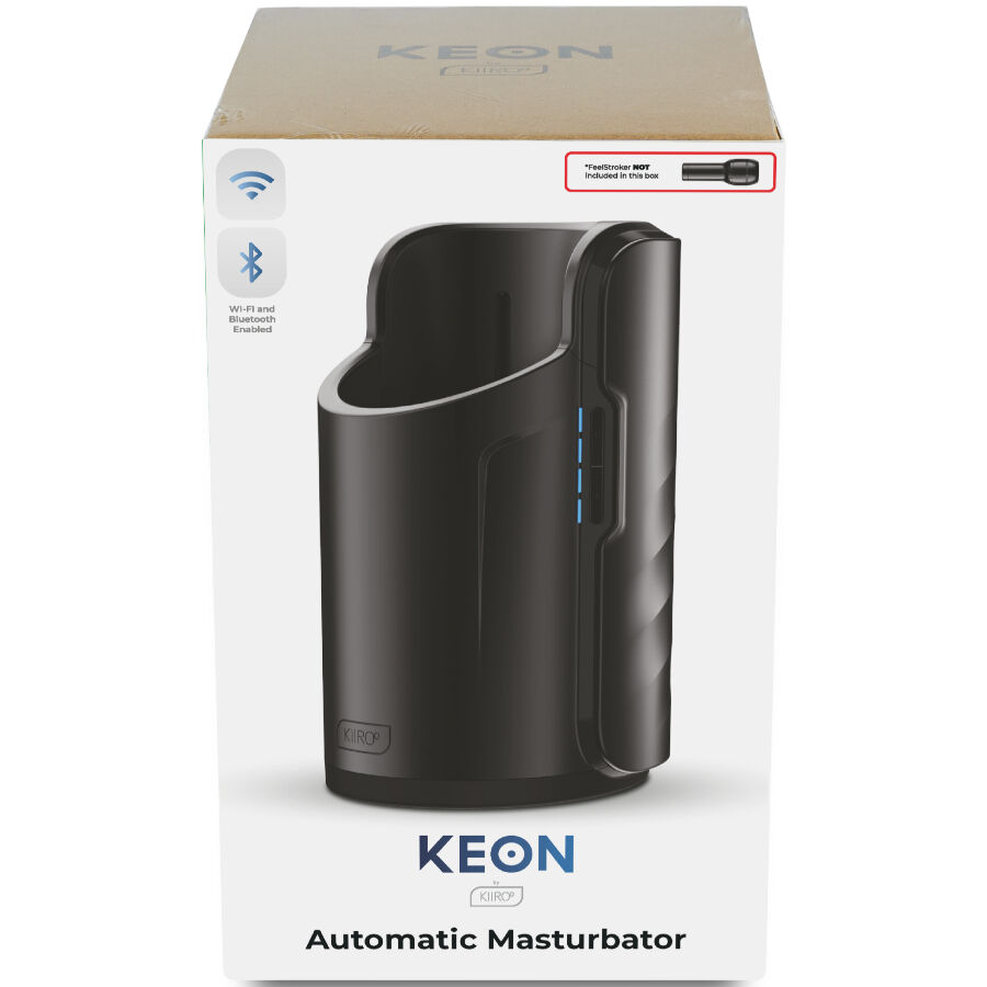Caja del Kiiroo Keon Automatic Masturbator con ilustración del dispositivo negro y símbolos Wi-Fi y Bluetooth.