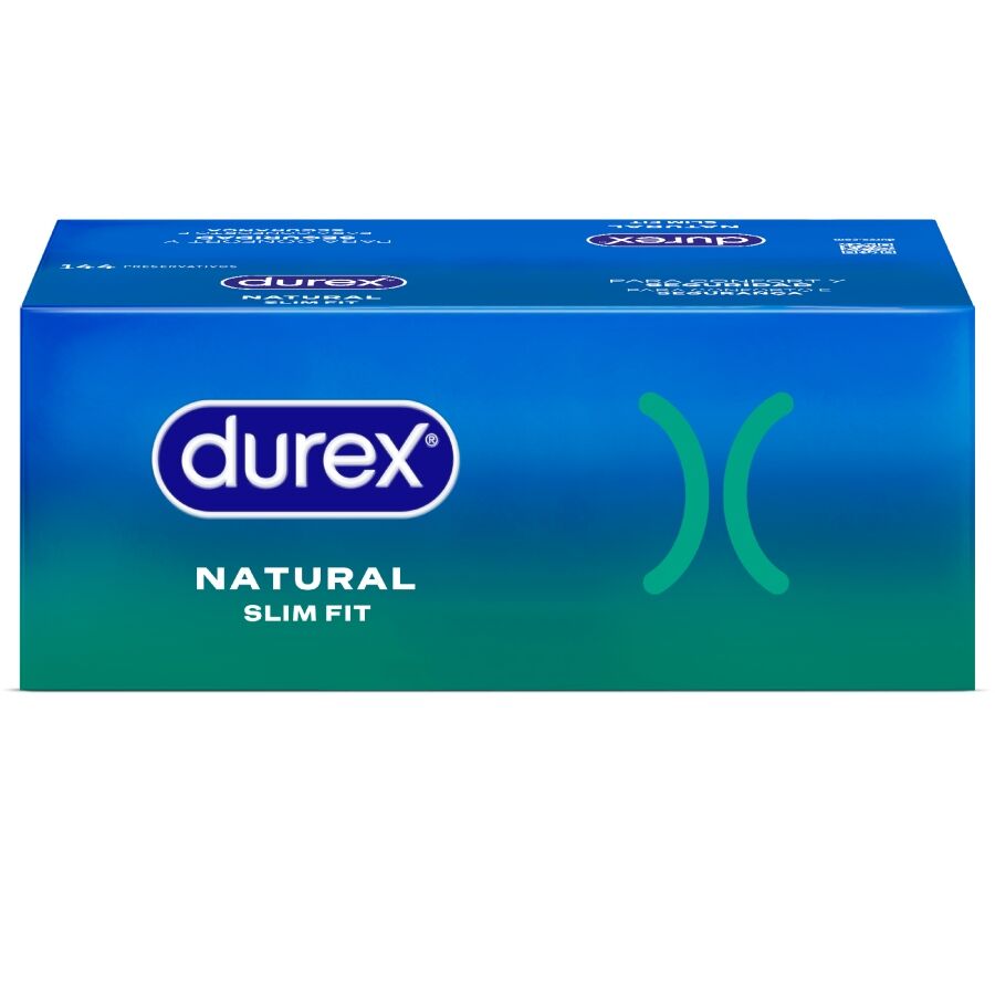 Caja del producto Durex Natural Slim Fit en azul, vista frontal.