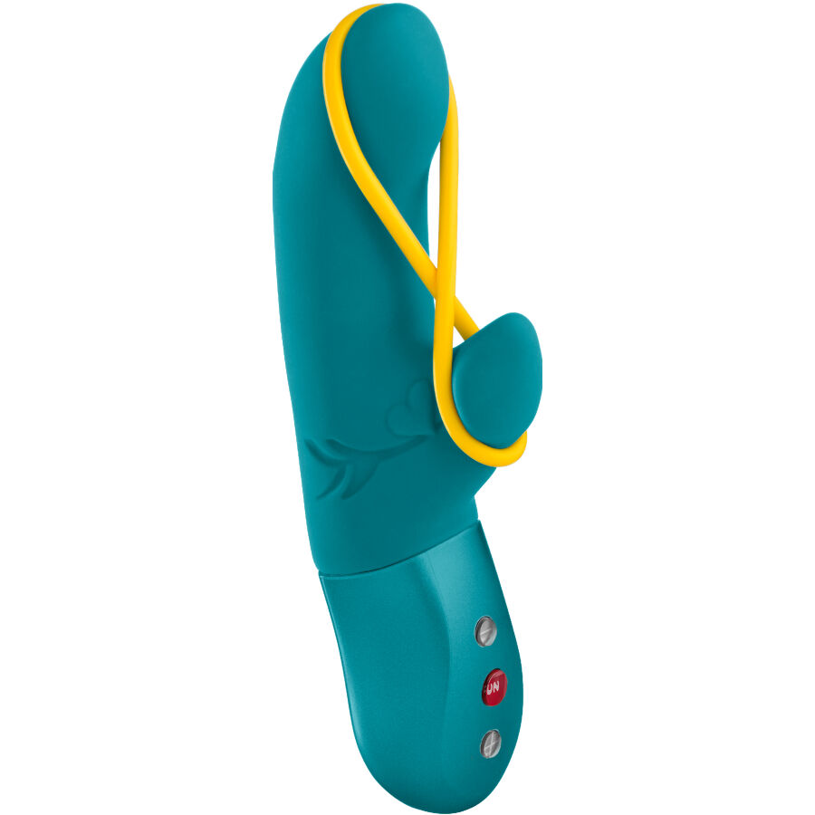 Vibrador rabbit Fun Factory Amorino en color aguamarina, vista lateral con aro amarillo y botones visibles.