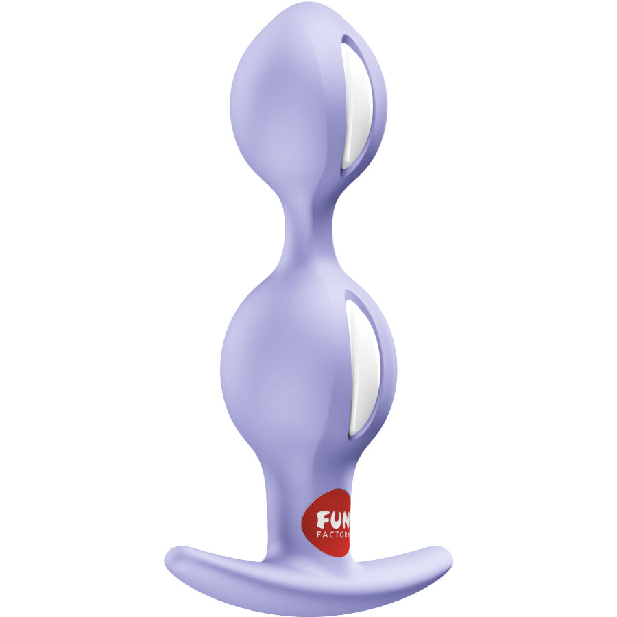 Fun Factory B-Balls Dúo plug anal morado de doble esfera, vista frontal.