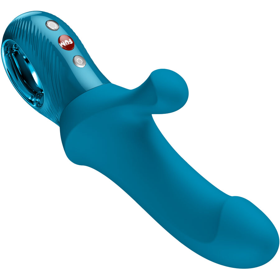 Vibrador Fun Factory BI Stronic Curve color aguamarina en vista lateral, con botones visibles y abertura ovalada.