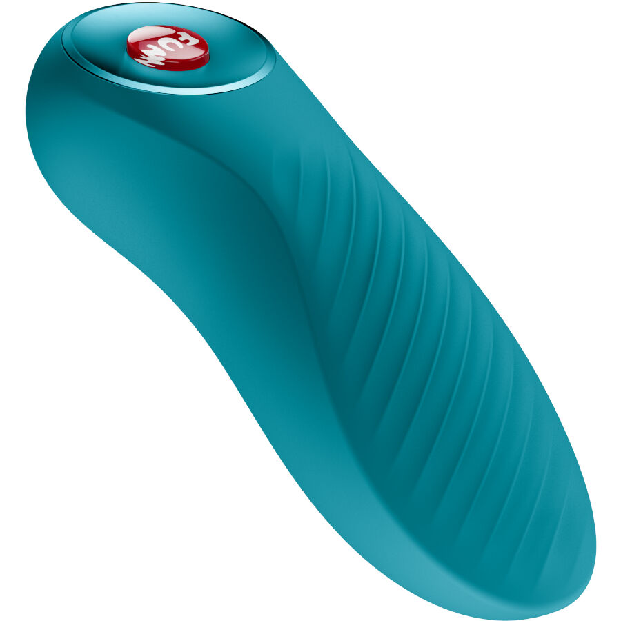 Fun Factory Bijou vibrador bala aguamarina, vista frontal en ángulo.
