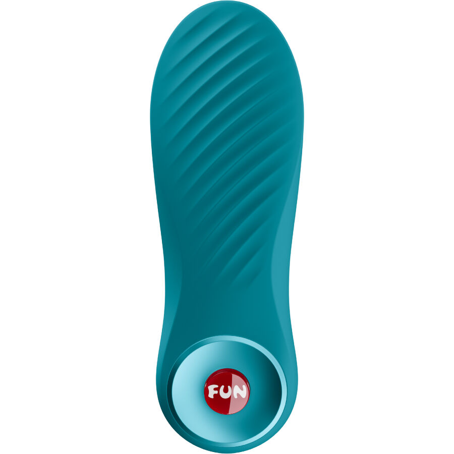 Fun Factory Bijou en color aguamarina, vista frontal con textura acanalada y base circular con logo FUN