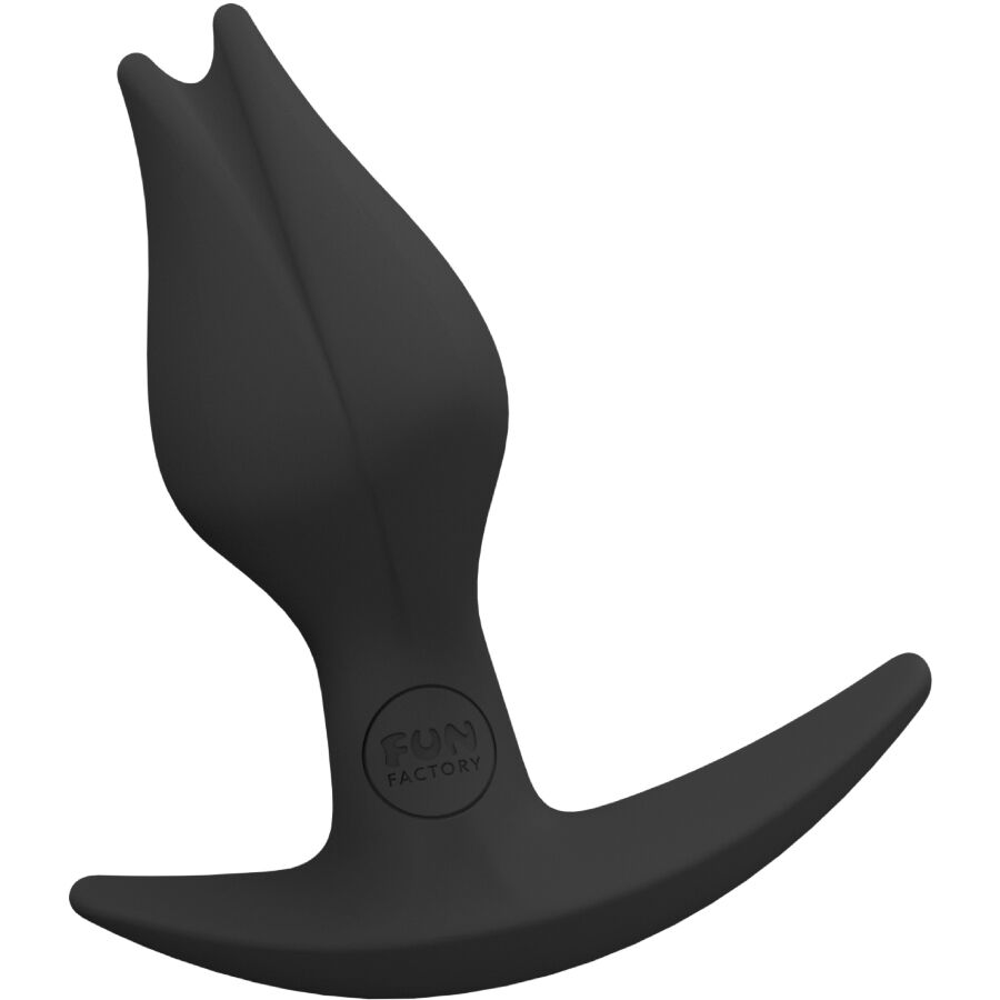 FUN FACTORY Bootie Fem plug anal negro, vista frontal con base curvada.