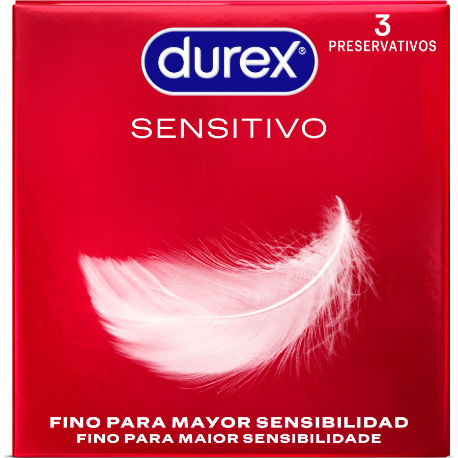 Caja del producto Durex Sensitivo, roja, con un diseño de pluma blanca y formato de 3 preservativos.