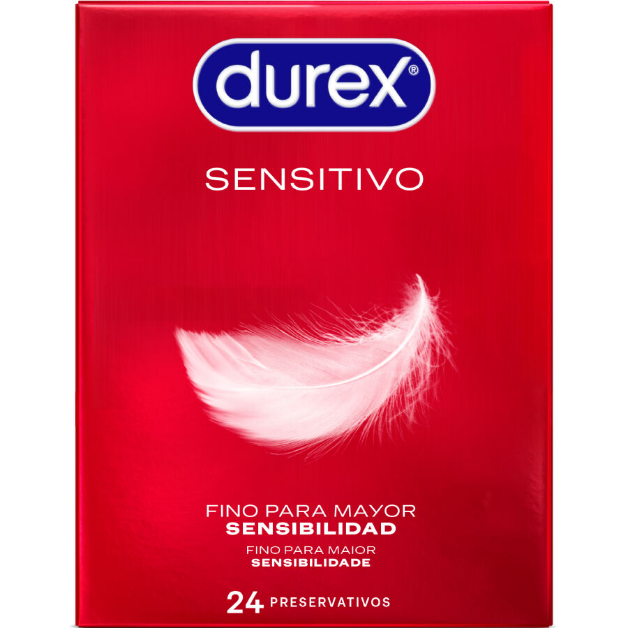Caja del producto Durex Sensitivo roja con una pluma y formato de 24 preservativos.