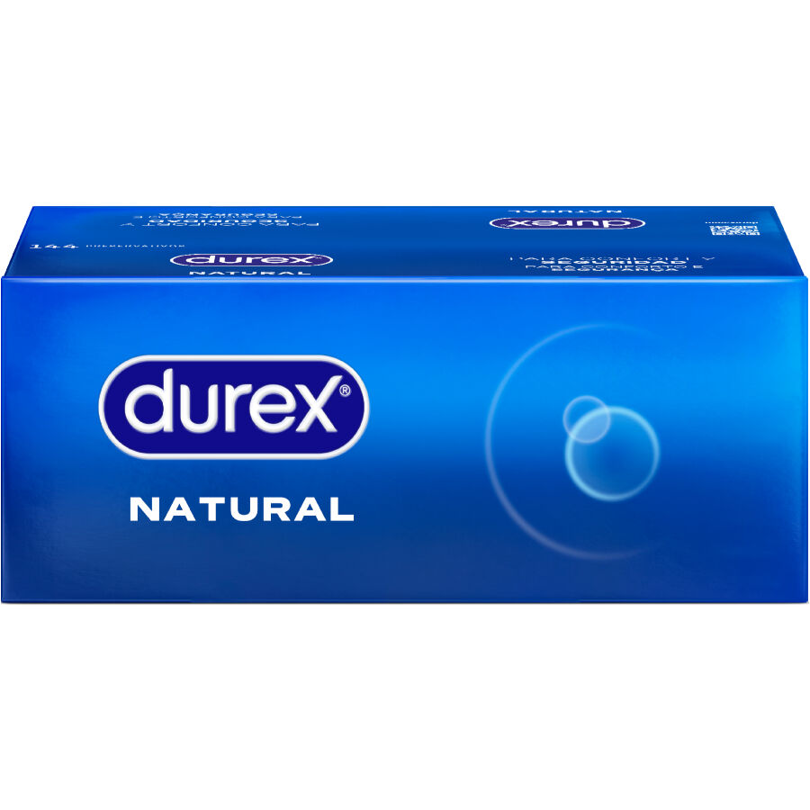 Caja del producto Durex Natural en azul, vista frontal y superior.