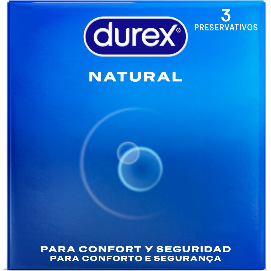Caja azul de Durex Natural, pack de 3 preservativos, vista frontal.