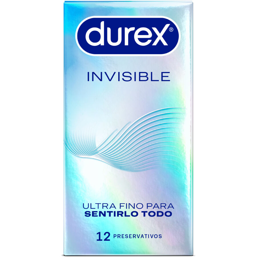 Caja del producto Durex Invisible con acabado iridiscente y 12 preservativos